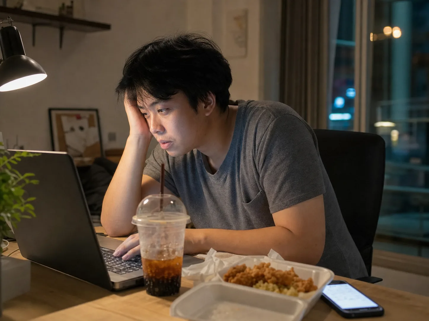 ภาพจำลอง AI: ชายทำงานหน้าคอมพิวเตอร์ในช่วงดึกพร้อมอาหารและเครื่องดื่มหวาน สะท้อนพฤติกรรมเสี่ยงโรค NCDs