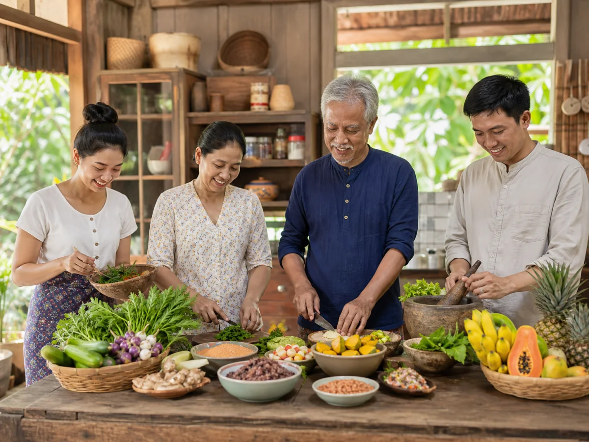 ภาพจำลอง AI: ครอบครัวร่วมกันเตรียมอาหารเพื่อสุขภาพ